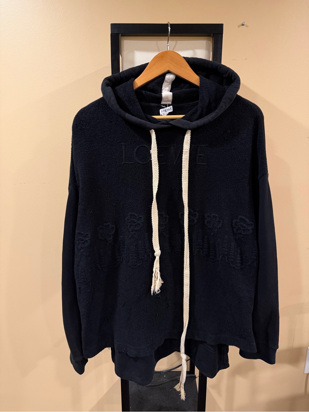 Loewe Embroidered Floral Black Oversized Drawstring Hoodie